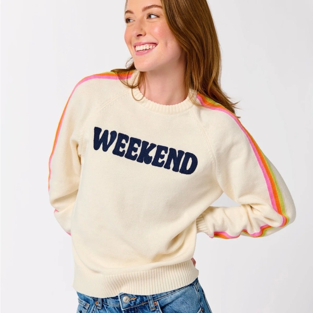 Shiraleah Cream "WEEKEND" Pullover Sweater Retro Rainbow Sleeves Size L NWT! - Picture 3 of 16
